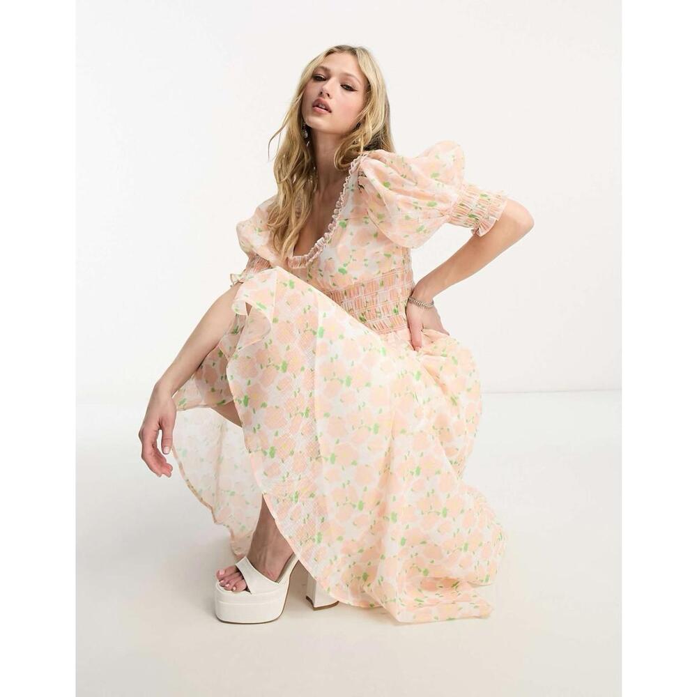 SISTER JANE Puff Short Sleeve Shirred Floral Long‎ Dress Blush Floral Size Small